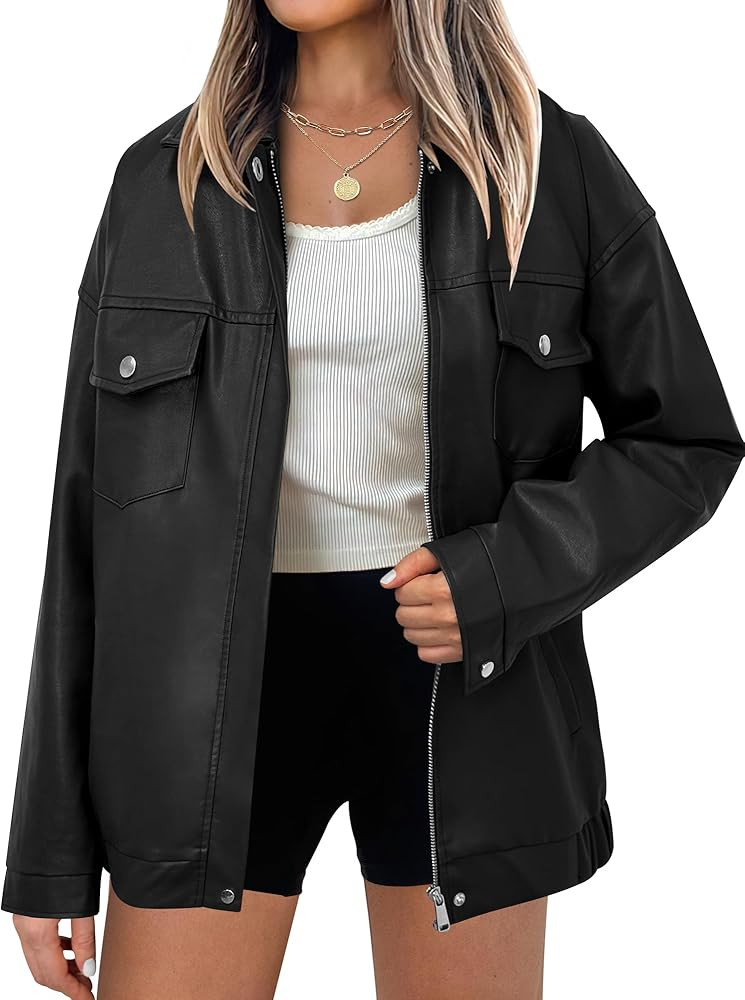 ANRABESS Women Oversized Leather Jackets Faux 2024 Fall Fashion Motorcycle Coats Winter Going Out... | Amazon (US)