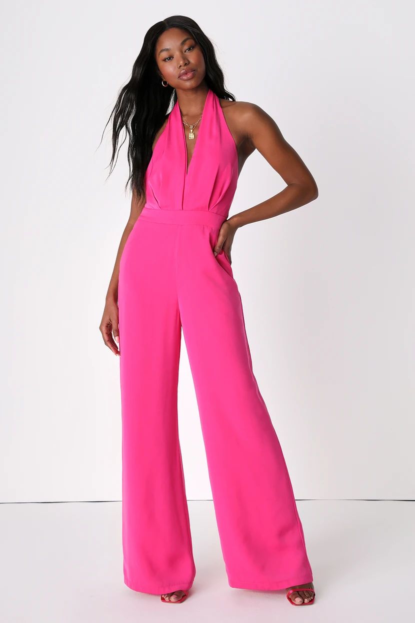 Signature Chic Hot Pink Halter Wide-Leg Jumpsuit | Lulus (US)