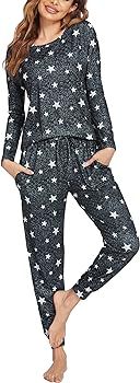 Ekouaer Pajamas for Women Long Sleeve Sleepwear Loose Two Piece Jogger Sets Soft Star Pjs Causal Swe | Amazon (US)