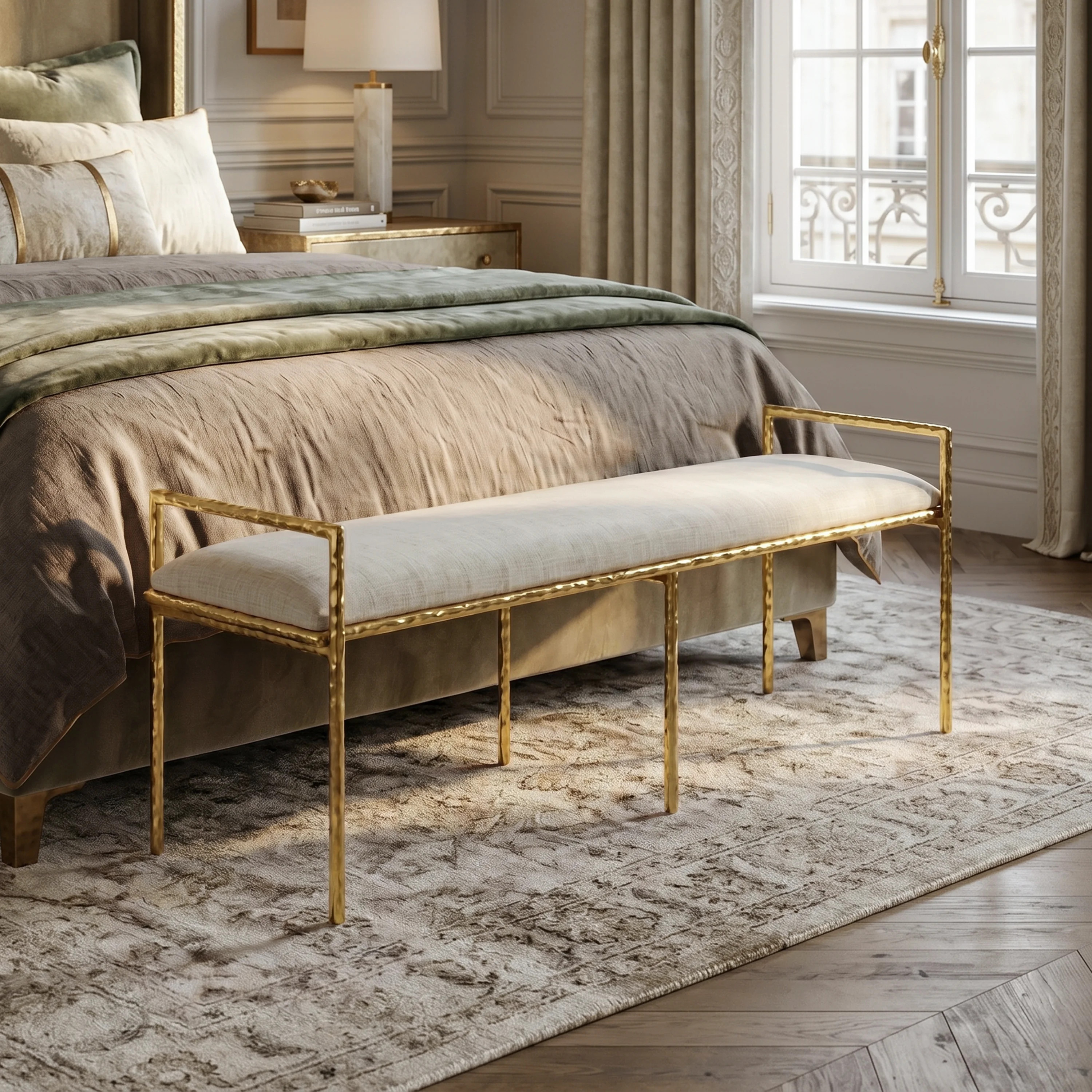 Zayen 59.5" Modern Hammered Metal Upholstered Accent Bench | Wayfair North America