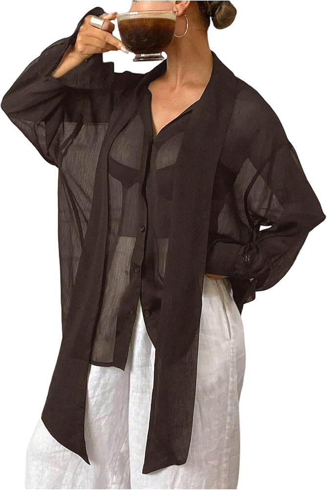 GORGLITTER Women's Chiffon Long Sleeve Blouses Dressy Casual See Through Button Down Bow Tie Neck... | Amazon (US)