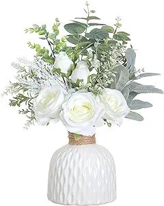 FOTEEWL Artificial Flowers with Ceramic Vase,Faux Silk Roses and Fake Plant Eucalyptus in Vase fo... | Amazon (US)