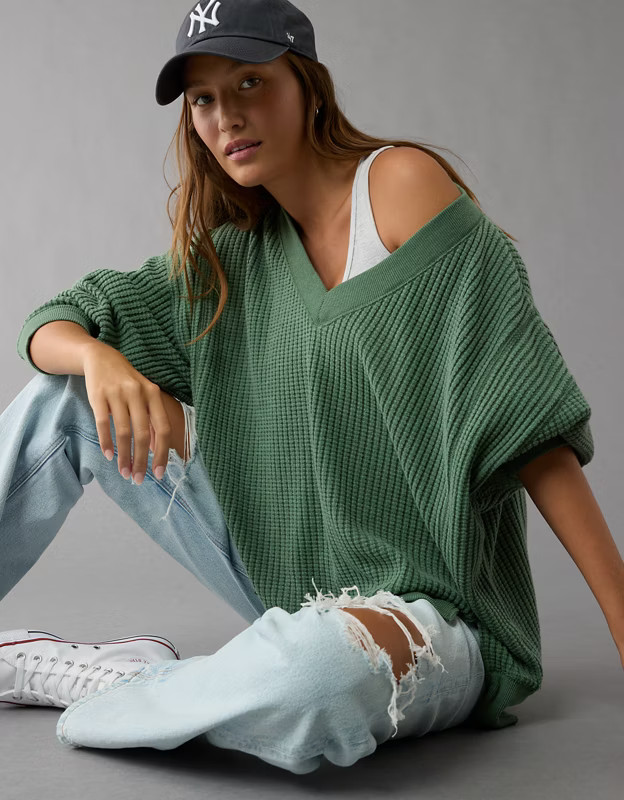 AE Big Hug V-Neck Waffle Sweatshirt | American Eagle Outfitters (US & CA)