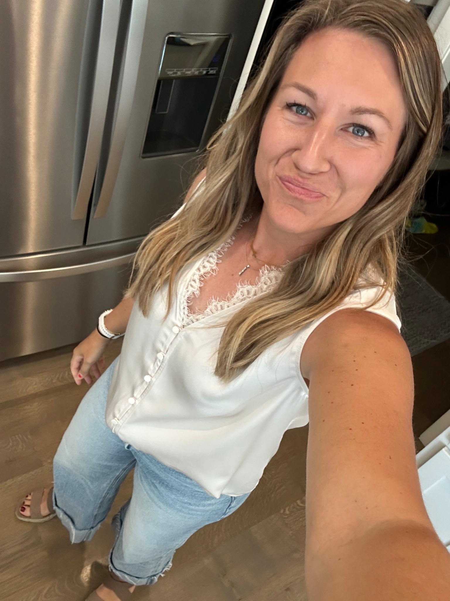 It’s a second summer here in Kansas City. 
Jeans from Evereve and top as well. 
I’m a 29 in the jeans (5’9”) and a large in the top (broad shoulders)