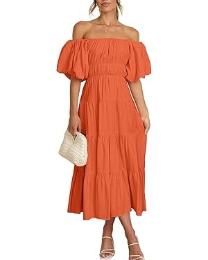 LILLUSORY Off The Shoulder Dresses for Women 2023 Spring Puff Sleeve Summer Flowy Smocked Dress | Amazon (US)