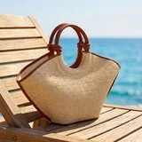 HCBY Women's Fan‑Shaped Woven Tote Bag, 13.3x9.3in Natural Straw Handbag With Knotted Leather H... | Walmart (US)