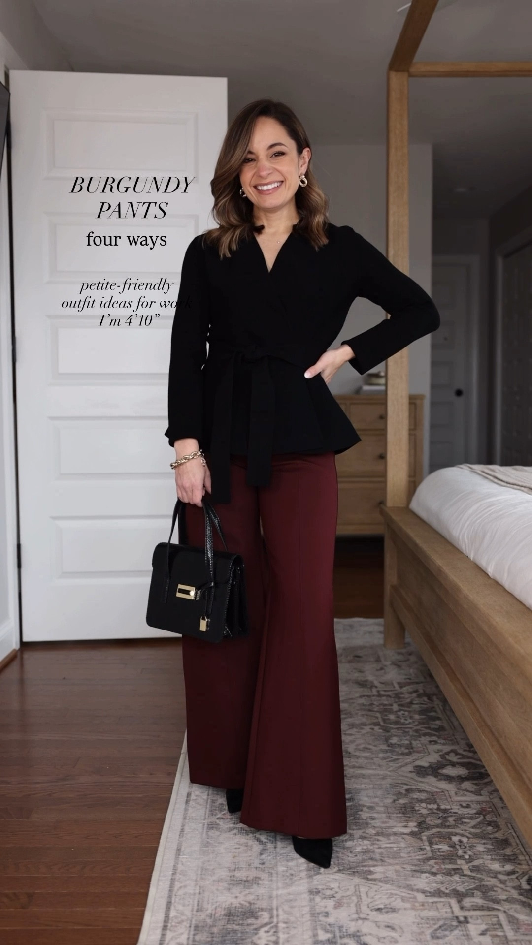 Burgundy pants styled four ways for work! 

These ponte pants are stretchy and comfortable. They come in three color options and in petite have a 10” rise and a 29” inseam (works best with heels for me). I recommend a size up for the best fit! If you base your sizing off of mine I would go with petite xs. 

Outfit 1 
Top (Aritzia): xxs - sleeves are cuffed under 
Earrings (LOFT)
Heels (Sam Edelman): tts - will also link boots 
Bag (J.Crew): but sold out 

Outfit 2 
Top (J.Crew): xxs (I linked a similar less expensive options from loft as well)
Scarf (similar linked) 
Heels (Sam Edelman): tts 

Outfit 3 
Sweater (Quince): xs in oatmeal 
Wrap (Quince): xs in oatmeal 
Shoes (Sam Edelman): tts in French sand 

Outfit 4 
Blazer (Ann Taylor): petite 00 - sold out at the moment 
Turtleneck (Nordstrom): xxs - sheer 
Heels (Sam Edelman) 

My measurements for reference: I’m 4’10” and 105lbs. My bust, waist, and hip measurement is 32”, 24”, and 36”.

#LTKWorkwear #LTKPetite