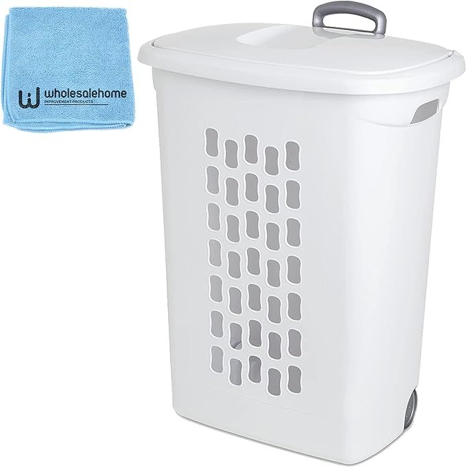 Sterilite Plastic Laundry Hamper with Lid and Wheels - Tall White Portable Rolling Laundry Basket... | Amazon (US)