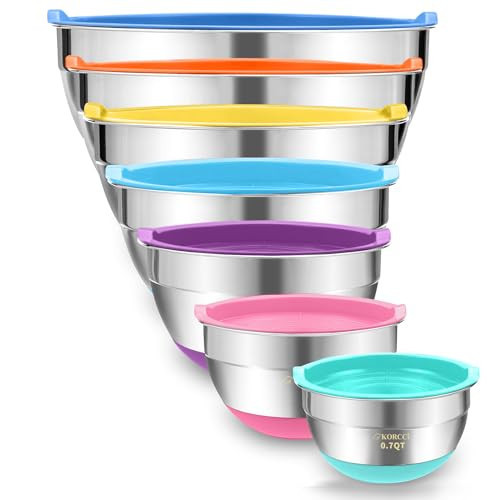 Mixing Bowls With Airtight Lids Set - 7Pc Stainless Steel Nesting Storage Bowls, Non-Slip Silicone Bottom, Size 0.7,1.1,1.7,2.1,2.7,3.6,4.5QT, Ideal for Baking, Prepping, Cooking and Serving Food | Amazon (US)