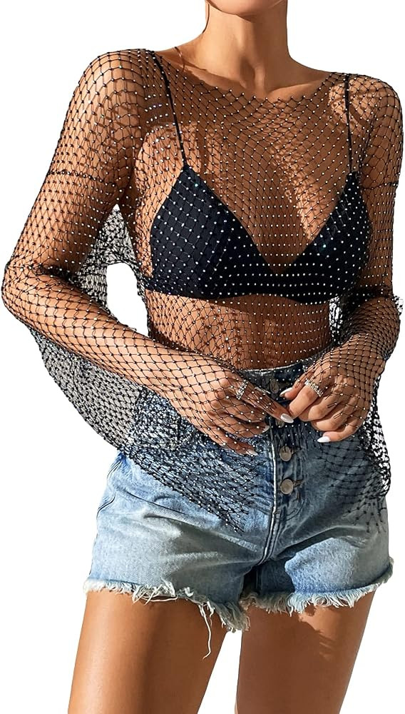 MakeMeChic Women's Long Sleeve Rhinestone Mesh See Through Crop Top Shirt Clubwear Cover Up | Amazon (US)