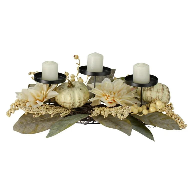 21" White Dahlia and Pumpkin Fall Candle Holder Centerpiece | Walmart (US)