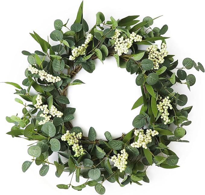 Wreaths for Front Door, 20" Artificial Eucalyptus Wreath, White Berry Greenery Wreath for Front D... | Amazon (US)