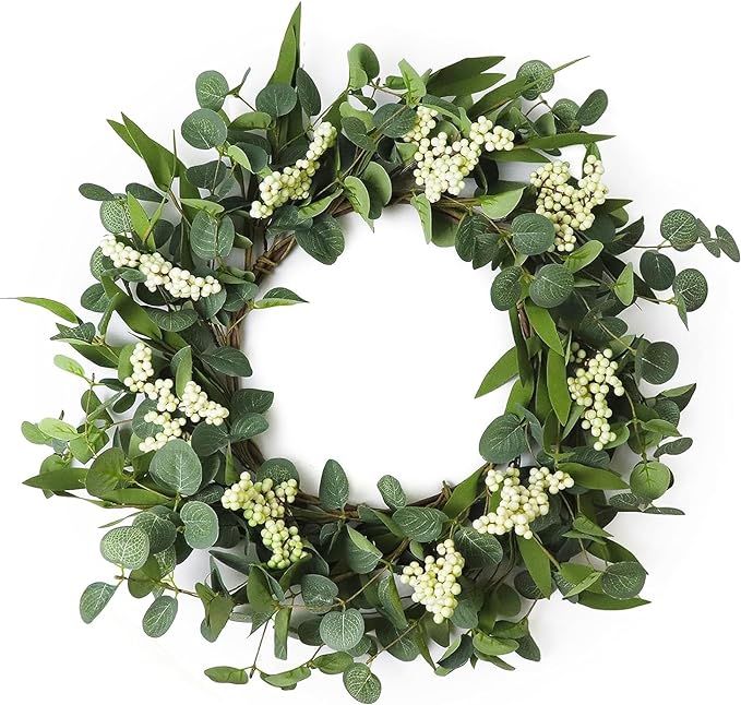 Wreaths for Front Door, 20" Artificial Eucalyptus Wreath, White Berry Greenery Wreath for Front D... | Amazon (US)