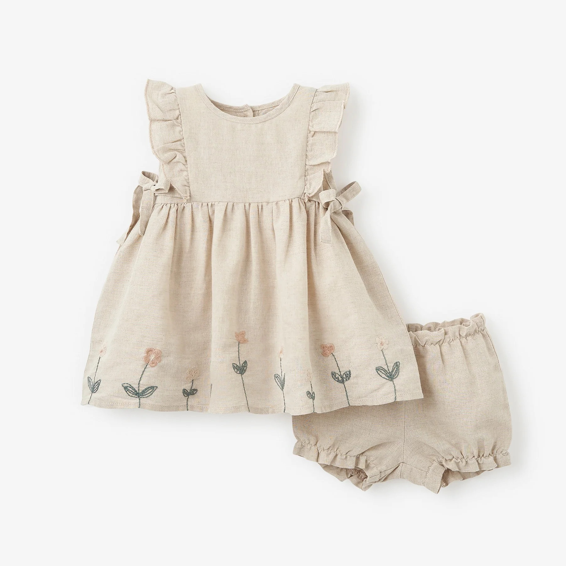 Natural Linen Floral Embroidered Dress w/ Bloomer | Elegant Baby