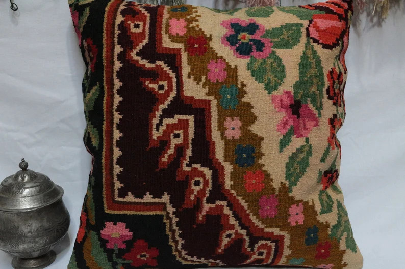 Vintage Turkish Kilim Pillow Cover: Bohemian Wool Throw Pillow (26x26'') | Etsy (Global)