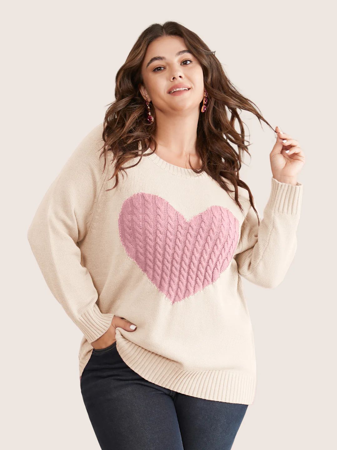 Heart Cable Knit Two Tone Raglan Sleeve Pullover | Bloomchic
