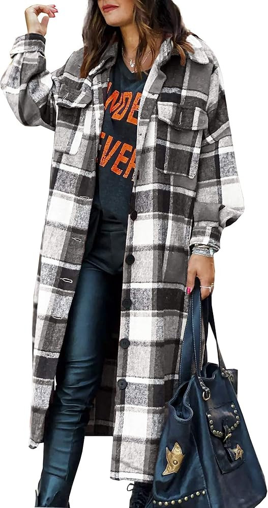 Amazon.com: Hixiaohe Women's Casual Wool Blend Plaid Shirt Jacket Loose Button Down Shacket Coat ... | Amazon (US)