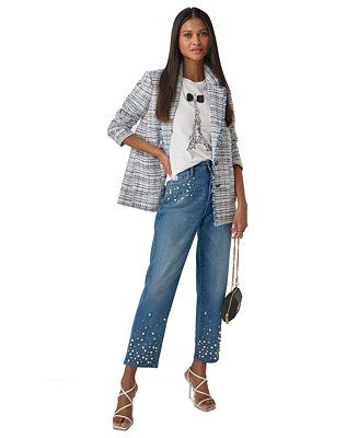 Women's Tweed Fringed Blazer, Bow-Front Logo T-Shirt & Imitation Pearl Denim Jeans | Macys (US)