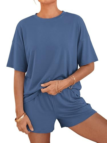 BTFBM Two Piece Sets For Women Summer Outfits Short Sleeve Tops Lounge Shorts Sets Oversized Matching Sets Pockets 2026(Grey Blue, Small) | Amazon (US)