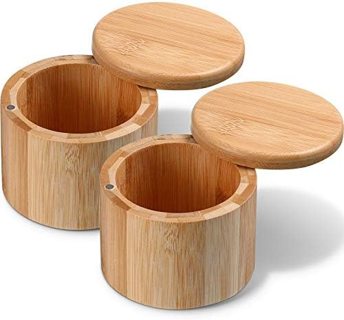 2 Pieces Bamboo Salt and Spice Storage Box with Magnetic Swivel Lid Round Bamboo Pepper Box Bambo... | Amazon (US)