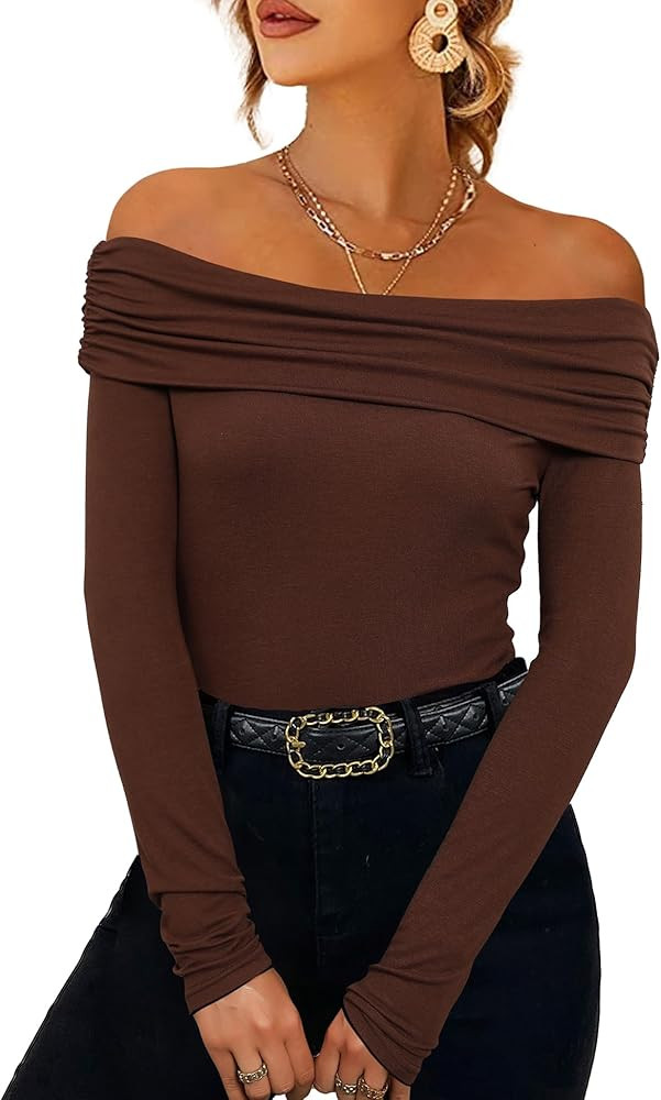 Prettywear Women's Sexy Off Shoulder Tops Y2K T-Shirt Slim Fit Long Sleeves Spring Fall Blouse Go... | Amazon (US)
