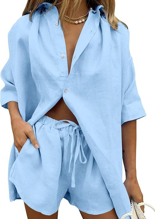 Runcati Womens Linen Cotton 2 Piece Outfits Button Down Half Sleeve Shirt&Summer High Waist Draws... | Amazon (US)