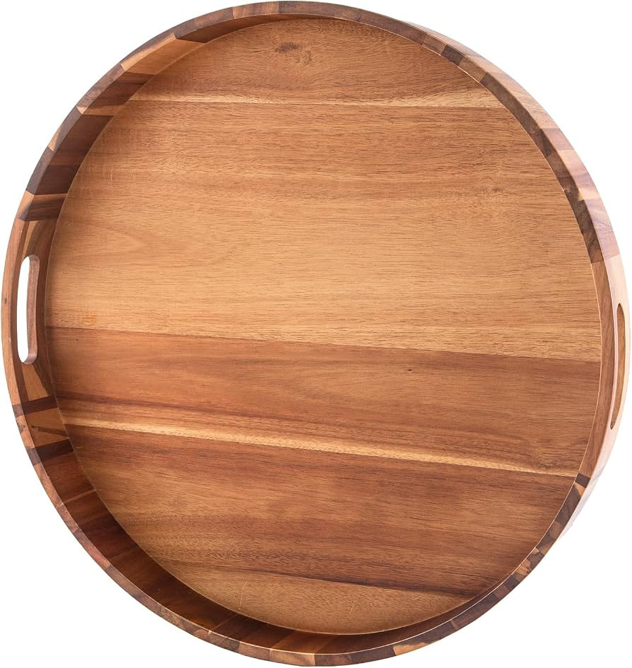 Extra Large 22INCH Premium Acacia Wood Tray Round Ottoman Tray with Handles Wooden Serving Tray M... | Amazon (US)