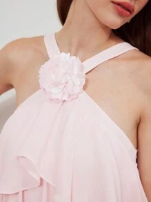 MOTF PREMIUM STEREO FLOWER DETAIL LAYERED RUFFLE HEM HALTER DRESS | SHEIN