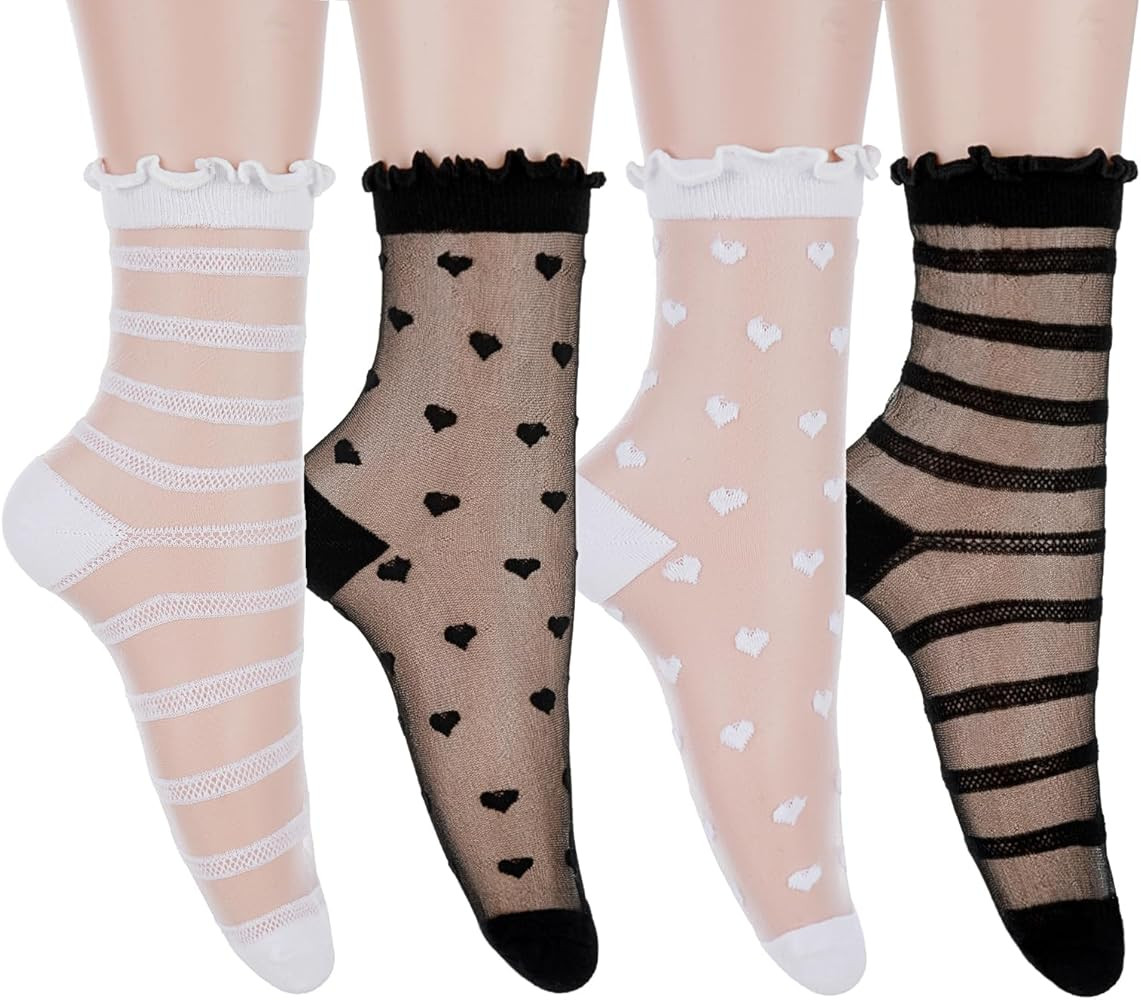 4 Pairs Sheer Socks Women Black Ruffle Ankle Socks for Women Thin Lace See Through Sock Transpare... | Amazon (US)