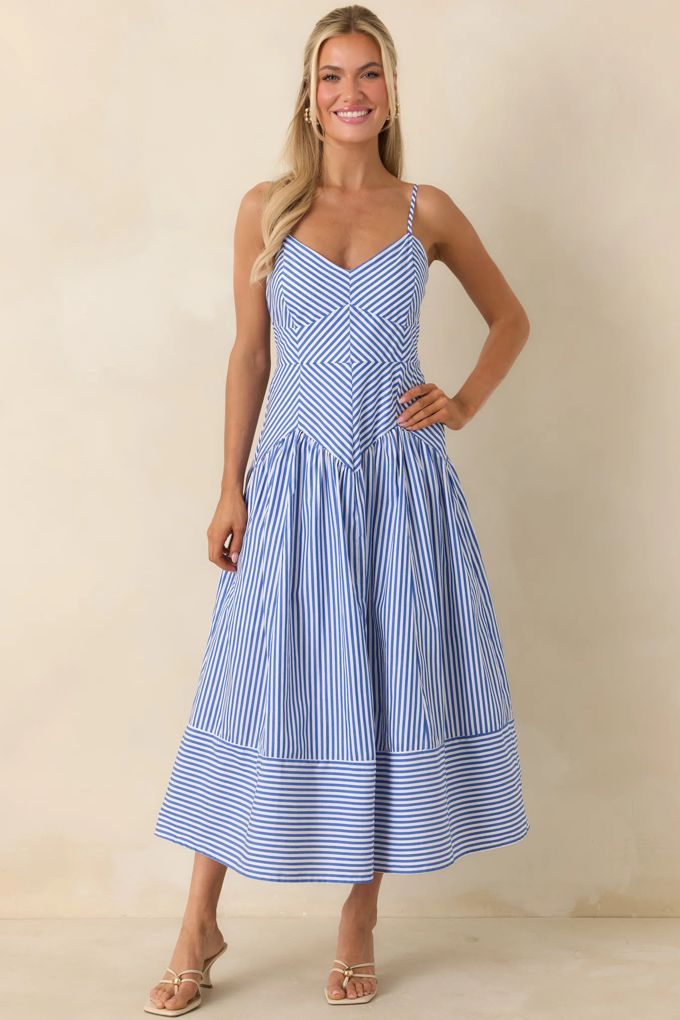 From All Angles Blue & White Stripe Cotton Midi Dress | Red Dress