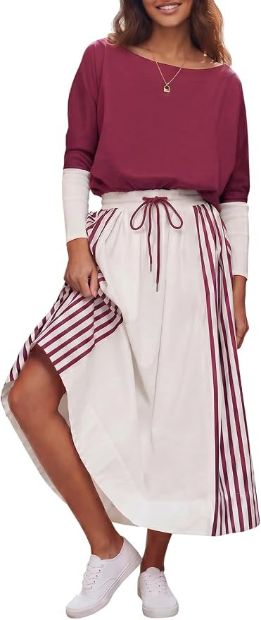 Fisoew Womens Casual Dresses Long Sleeve Oversized Sweatshirt Patchwork Drawstring Waist Color Bl... | Amazon (US)