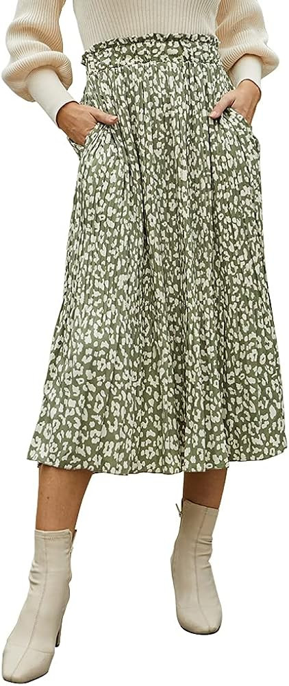 EXLURA Womens High Waist Polka Dot Pleated Skirt Midi Swing Skirt with Pockets | Amazon (US)
