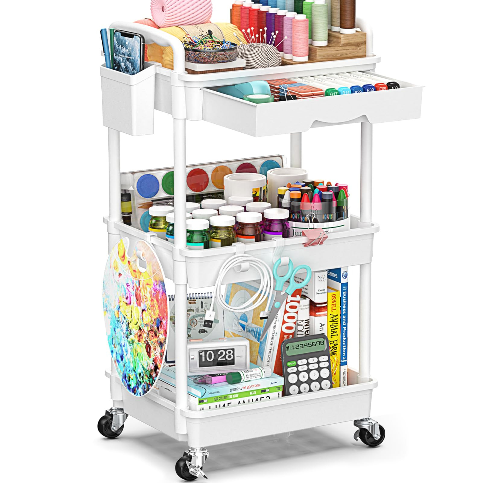 3 Tier Rolling Cart with Drawer, Bathroom Storage Organizer with 2 Lockable Wheels, Multifunction... | Amazon (US)