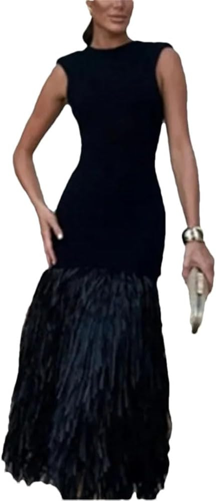 Women's Knitted Slim Long Dress High Waisted Sleeveless Solid Tassel Slip Dress Elegant Patchwork... | Amazon (US)