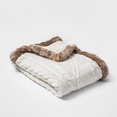Chenille Cable Knit With Faux Fur Trim Throw Blanket Cream - Threshold™ | Target