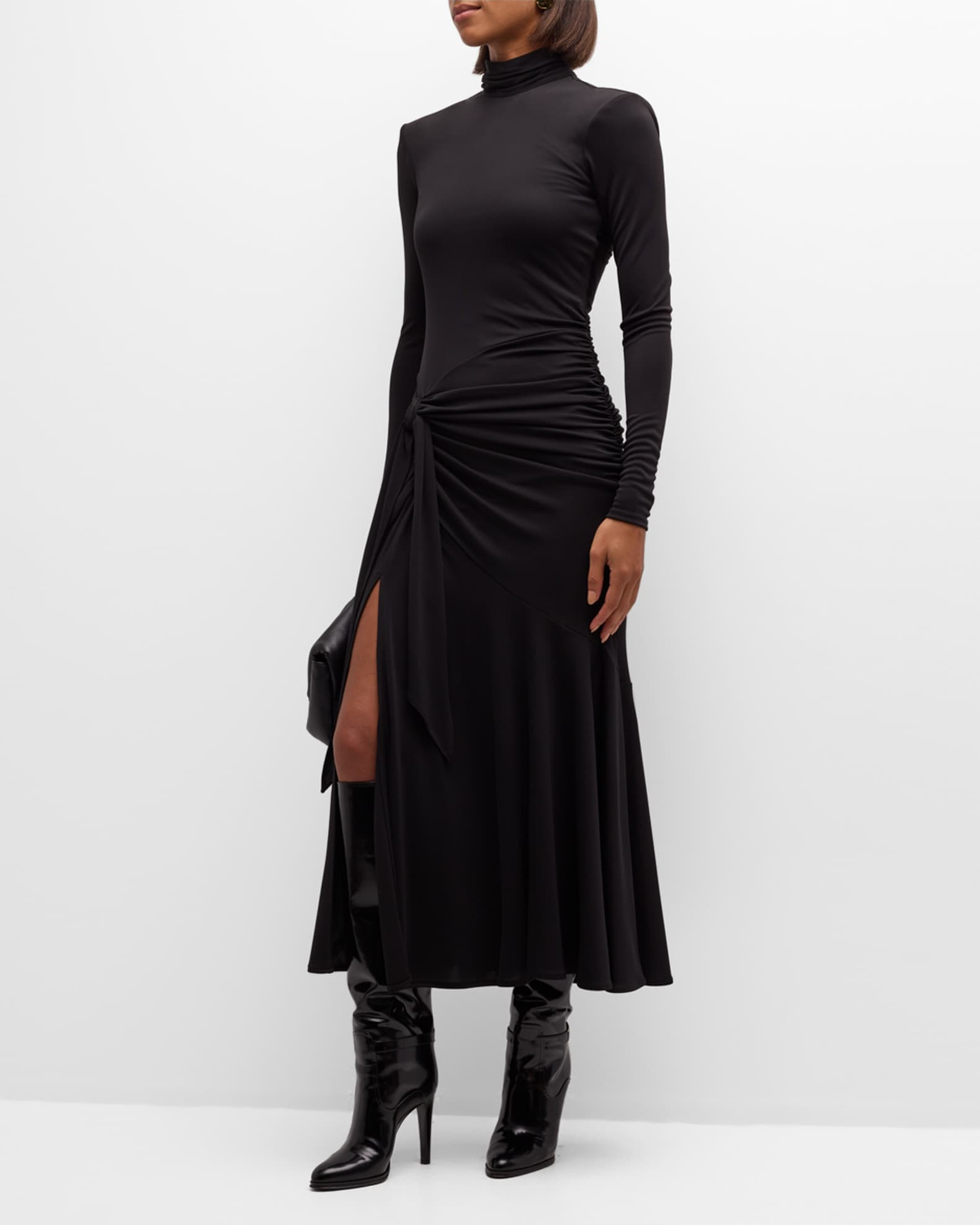 Johnson Mock-Neck Wrap-Skirt Midi Dress | Neiman Marcus