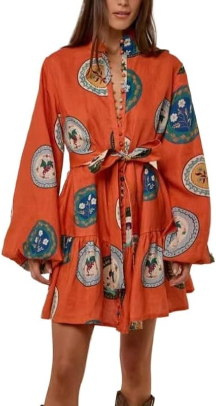 Women's Dresses Casual，Women's Printed Cardigan Linen Dress | Amazon (US)