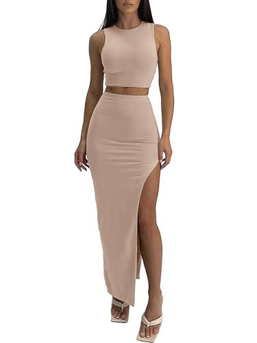 ELLEVEN Two Piece Maxi Skirt Sets Summer 2 Piece Dress Outfits Sexy High Slit Long Skirt and Sleeveless Crop Top for Women Going Out Bodycon Khaki Large | Amazon (US)