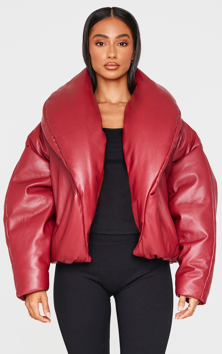 Petite Dark Red Exaggerated Collar PU Puffer Coat | PrettyLittleThing UK