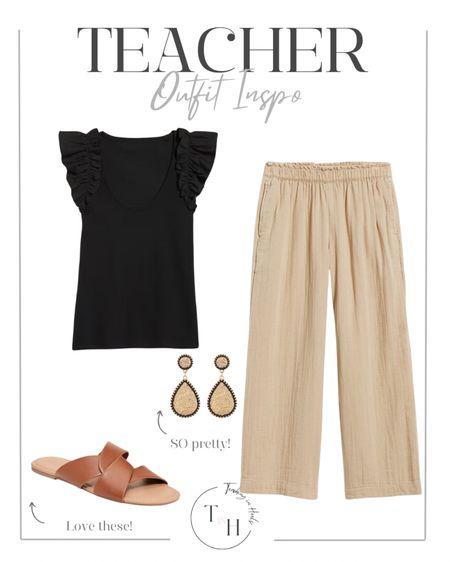 Crinkle Gauze Pull-On Ankle Pants  Ruffle-Trim Mixed Fabric Top  Faux-Leather Link Strap Sandals  Crystal Oval Drop Earrings  teacher OOTD  teacher style  teacher work style workwear  business casual  business office outfit  teacher ootd  teacherfit  ootd  trendteacher  teacher outfits  teacher


#LTKStyleTip #LTKSeasonal #LTKSaleAlert