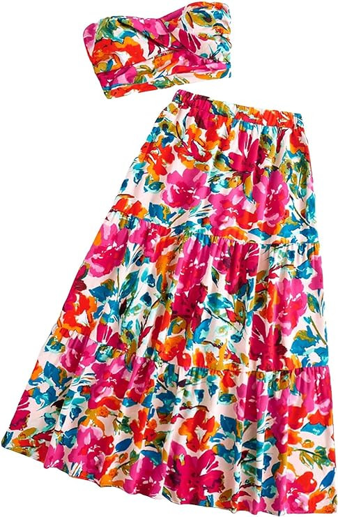 SOLY HUX Women's Boho 2 Piece Outfits Floral Print Colorful Tube Top and Ruffle Hem Maxi Skirt Se... | Amazon (US)