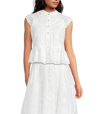 Floral Lace Mandarin Collar Sleeveless Button Front Ruffle Hem Top | Dillard's