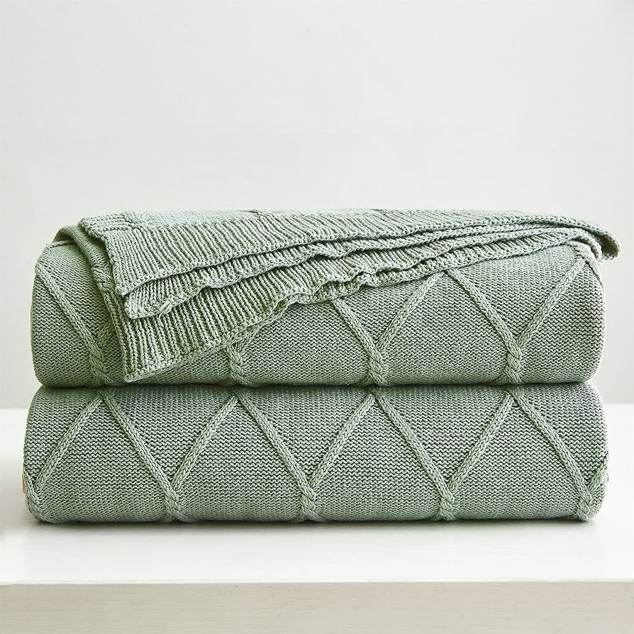 Amazon.com: Longhui bedding 100% Cotton Sage Green Lightweight Cable Knit Throw Blanket with Bonu... | Amazon (US)