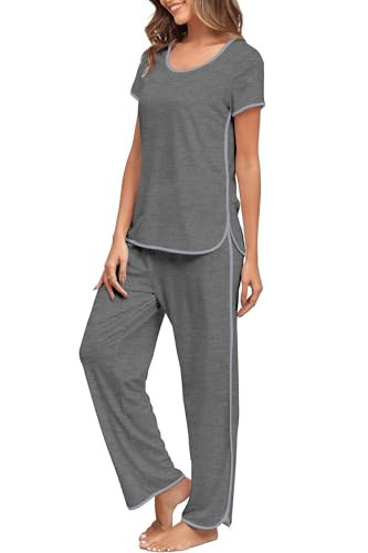 FKEEP Stripe Pajamas Set Women Two-Piece Nightwear Short Sleeve Sleepwear Soft Side Split Loungewear Pjs Sets(Solid Grey,Small) | Amazon (US)