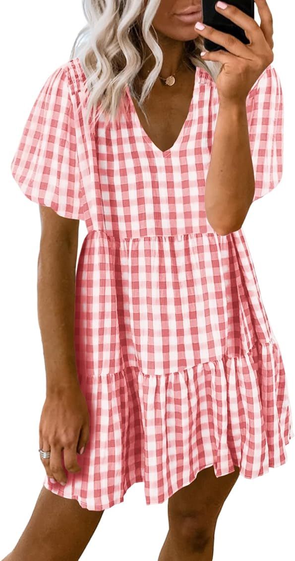 Meilidress Women Plaid Short Sleeve V Neck Shift Tunic Dress Ruffle Swing Babydoll Loose Mini Dress | Amazon (US)