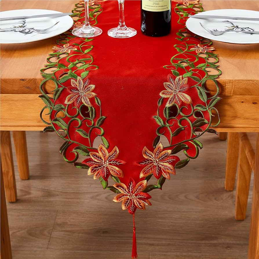 AMARED Christmas Embroidered Table Runner Cutwork Green Leaves Holiday Table Linens for Christmas... | Amazon (US)