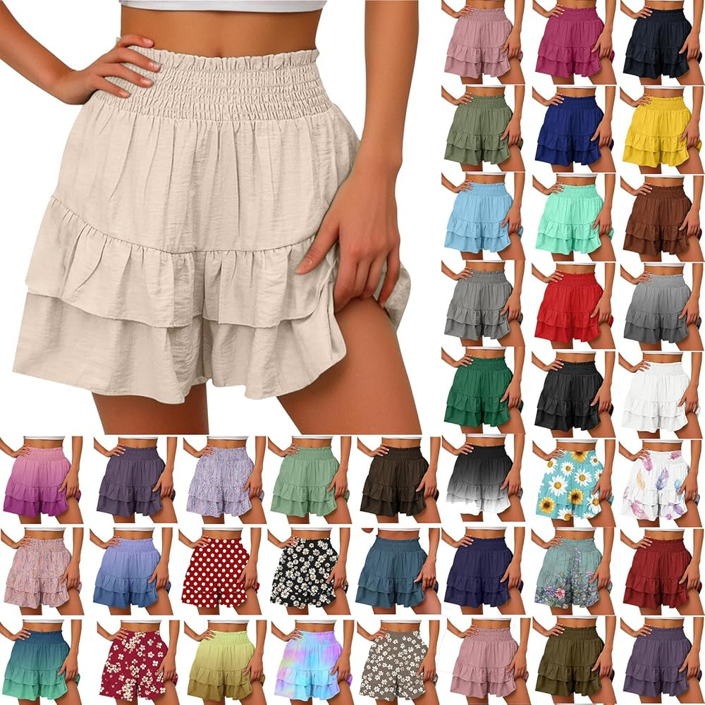 Shorts for Women Trendy Summer High Waisted Ruffle Tiered Skirts Skorts Dressy Casual Cute Flowy ... | Amazon (US)