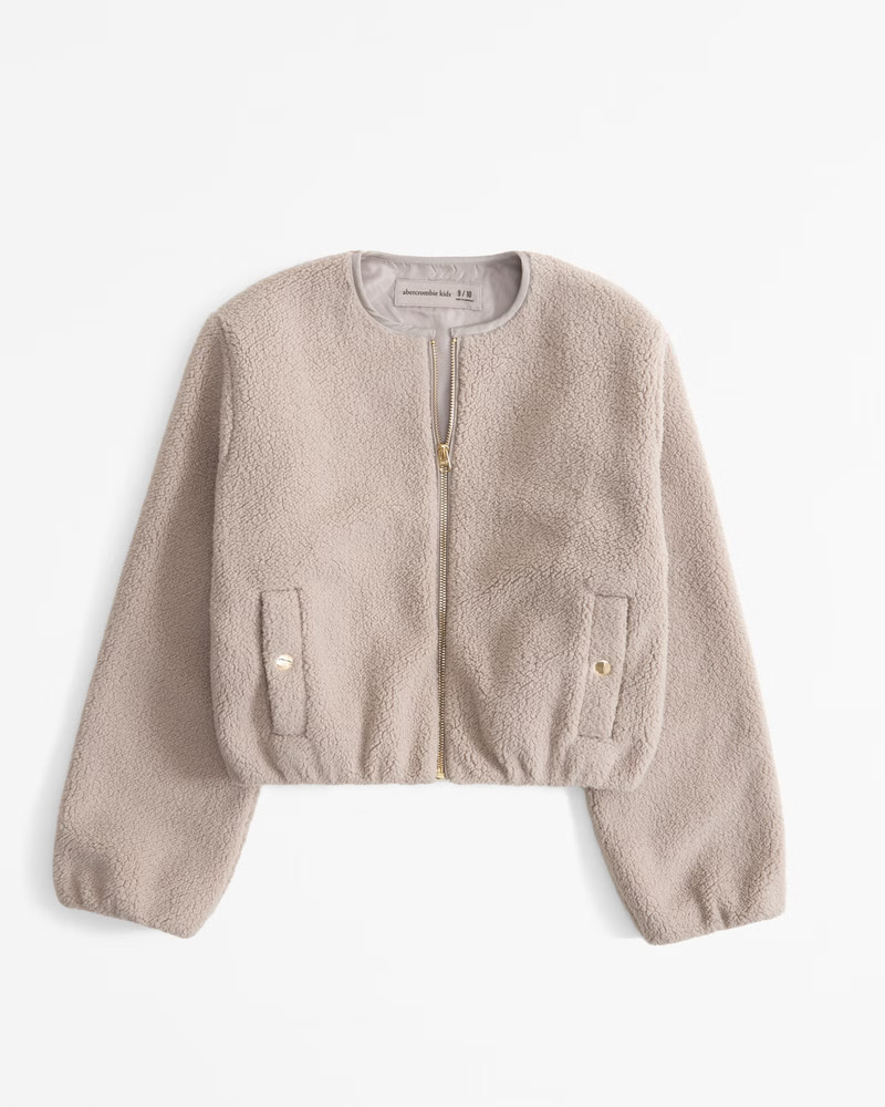 girls collarless sherpa shirt jacket | girls tops | Abercrombie.com | Abercrombie & Fitch (US)