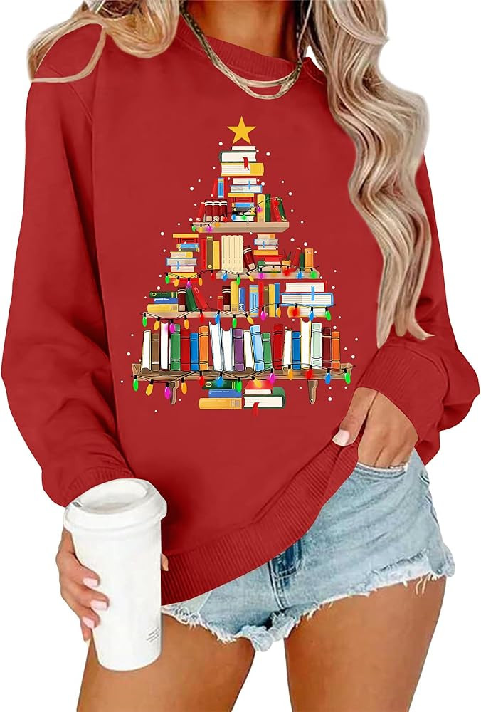 Christmas Teacher Sweatshirt: Women's Merry Christmas Book Tree Sweater Xmas Pullover Tops | Amazon (US)
