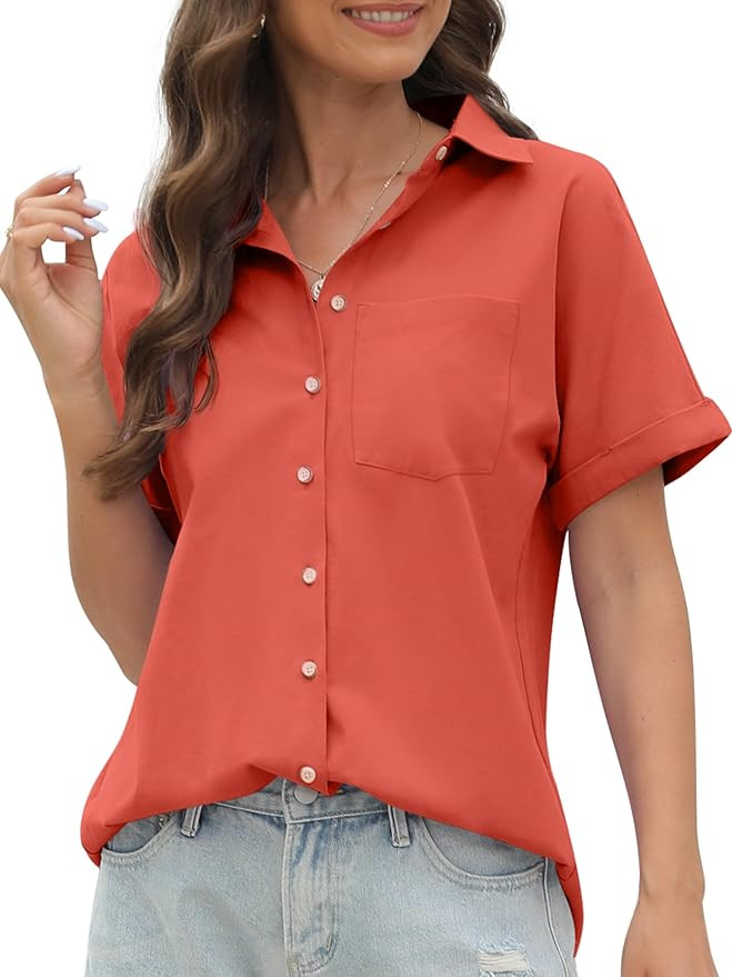 CUNLIN 100% Cotton Short Sleeve Shirts for Women Button Down Shirt Womens Blouses Casual Summer T... | Amazon (US)